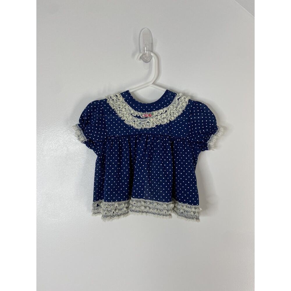 Vintage 1980’s Blue W/ White Polka Dots Lace Ruffle Infant Dress Sears Baby